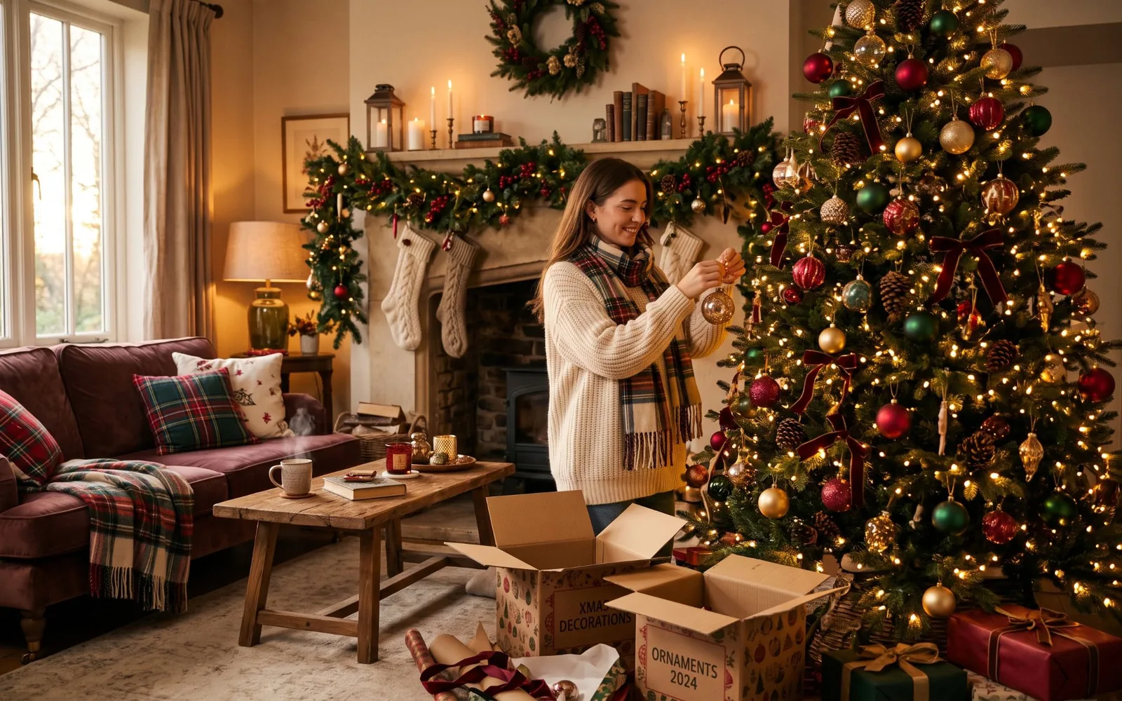 Una donna sorridente appende una pallina all'albero di Natale in un soggiorno caldo, tra camino addobbato, calze e scatole di decorazioni