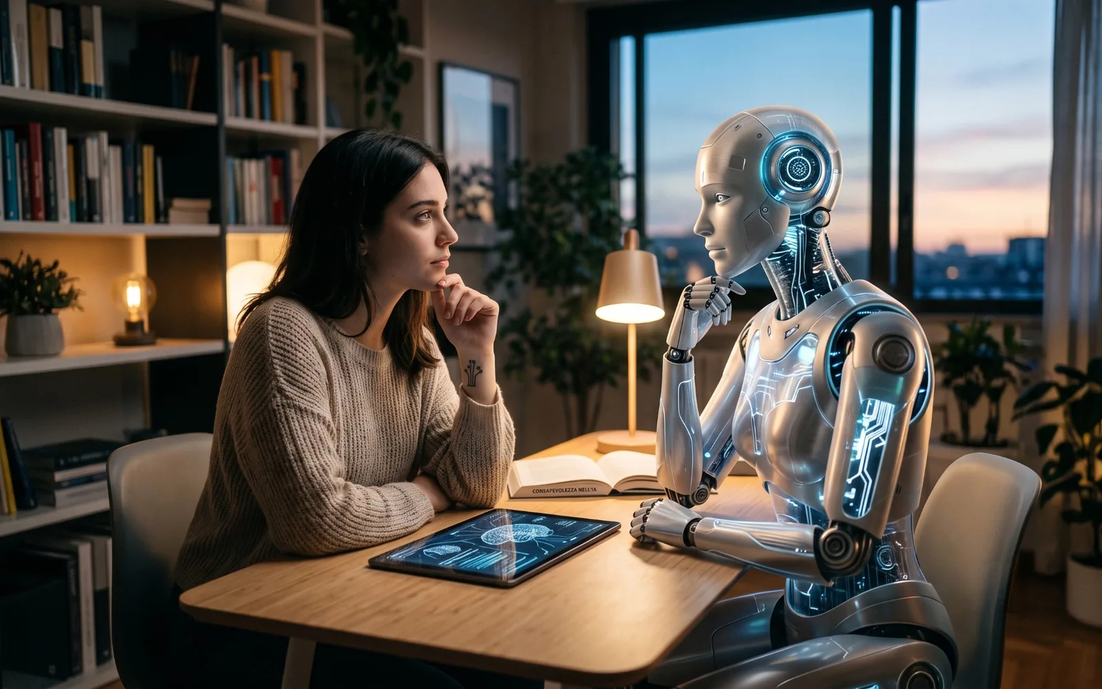 Una giovane donna e un robot umanoide seduti allo stesso tavolo si osservano pensierosi, nella stessa posa, in un soggiorno al tramonto