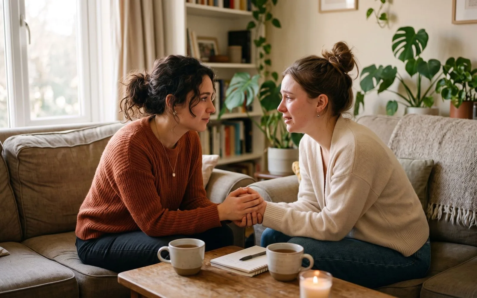 Due giovani donne sedute sul divano si tengono le mani durante una conversazione intima ed empatica