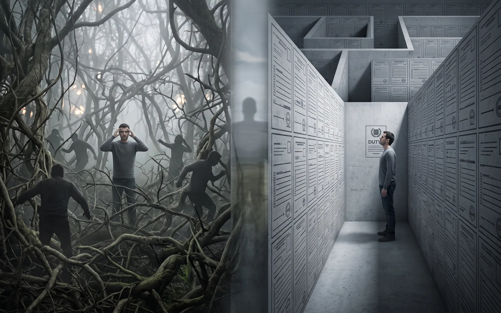 Dittico: a sinistra un uomo si tiene la testa tra rami intricati mentre figure sfocate corrono nella nebbia; a destra lo stesso uomo, immobile in un labirinto di pareti tappezzate di moduli, guarda un cartello con la scritta "Duty"
