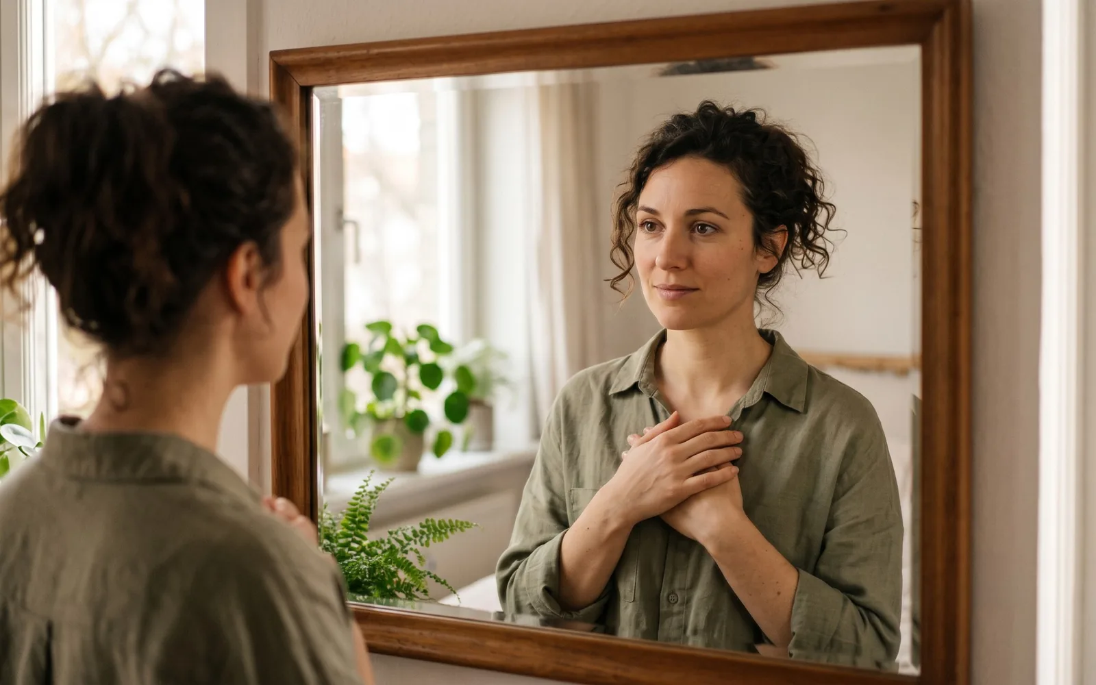 Una donna si osserva allo specchio con le mani intrecciate sul petto, in un momento di quiete e consapevolezza