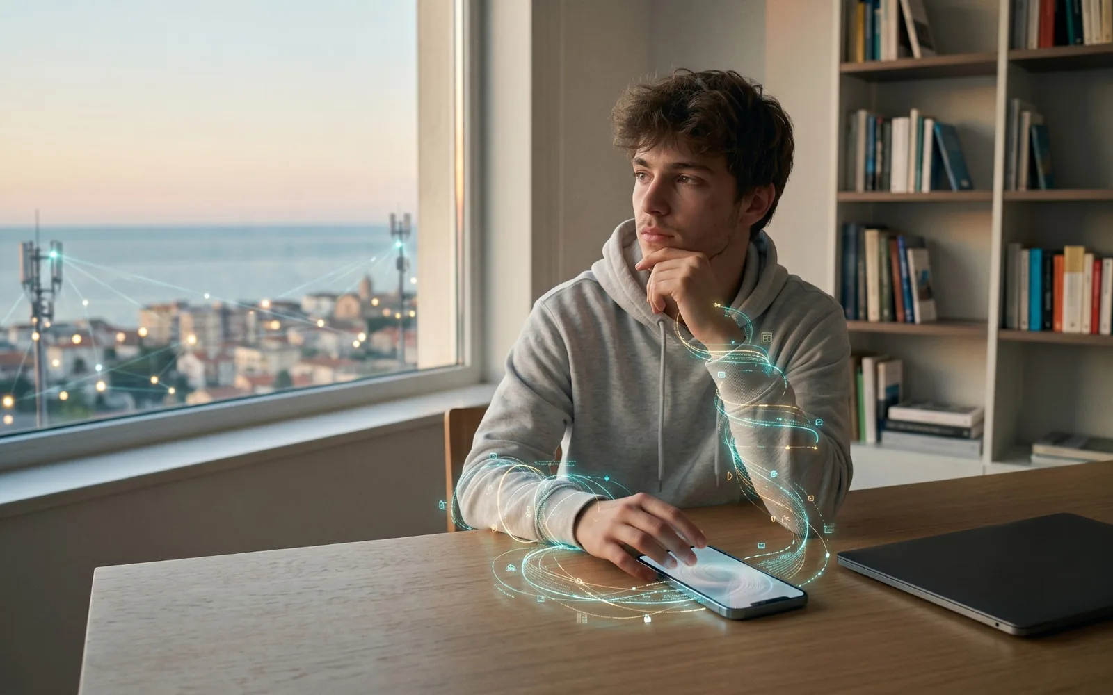 Un ragazzo pensieroso al tavolo con lo smartphone, avvolto da flussi luminosi di dati che gli circondano il braccio