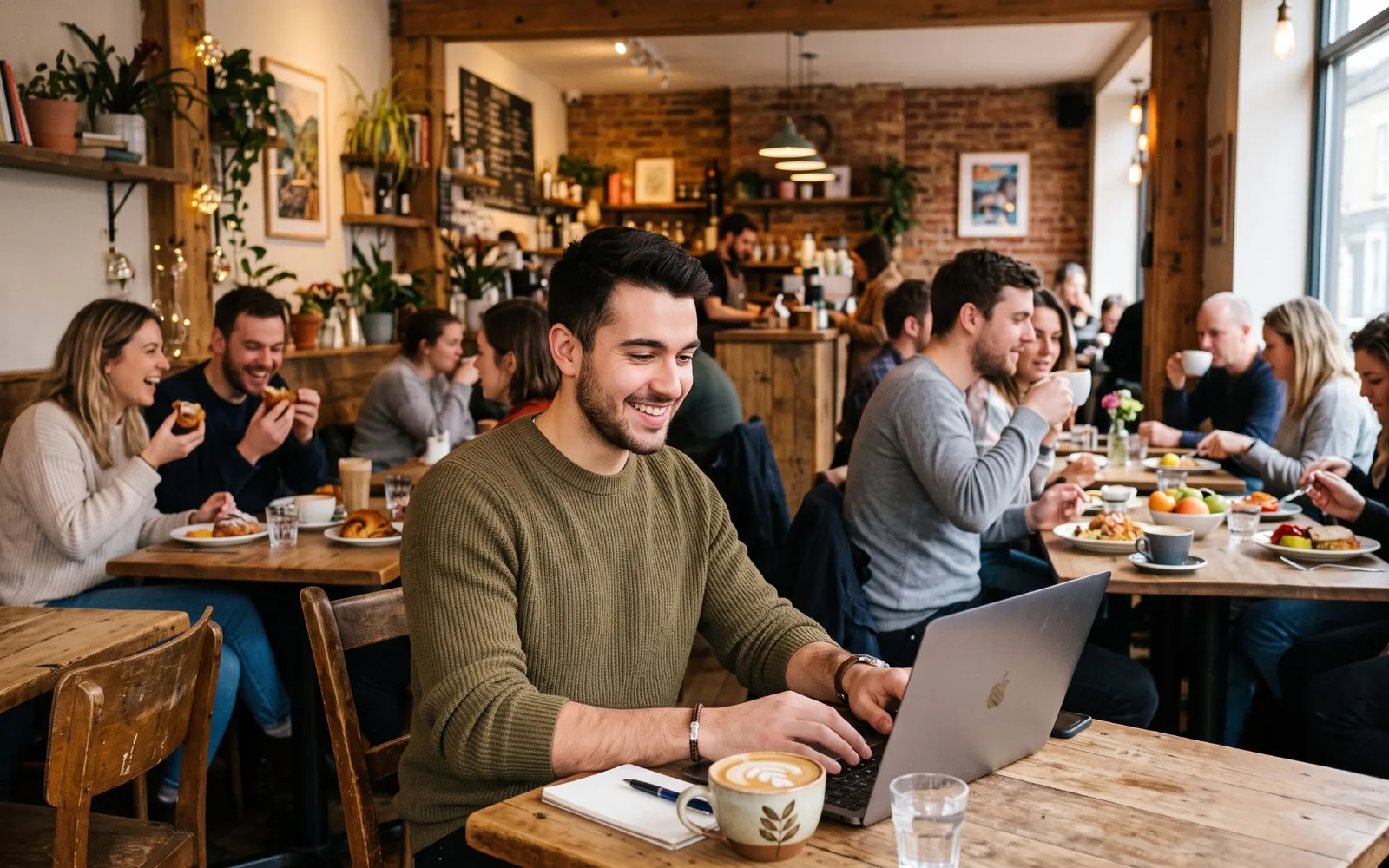 Un giovane sorridente lavora al laptop con un cappuccino accanto, in una caffetteria affollata e accogliente